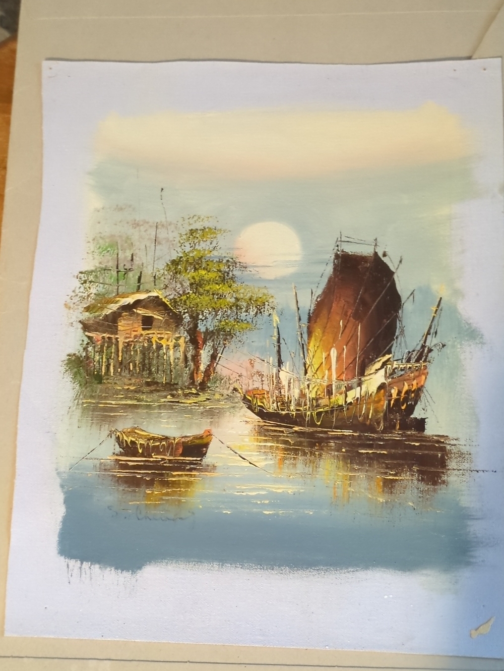 Vintage Oriental Junk Boat Oil Painting On Canvas